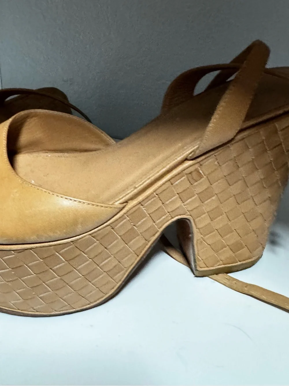 Bottega Veneta Tan Woven Platform Sandals